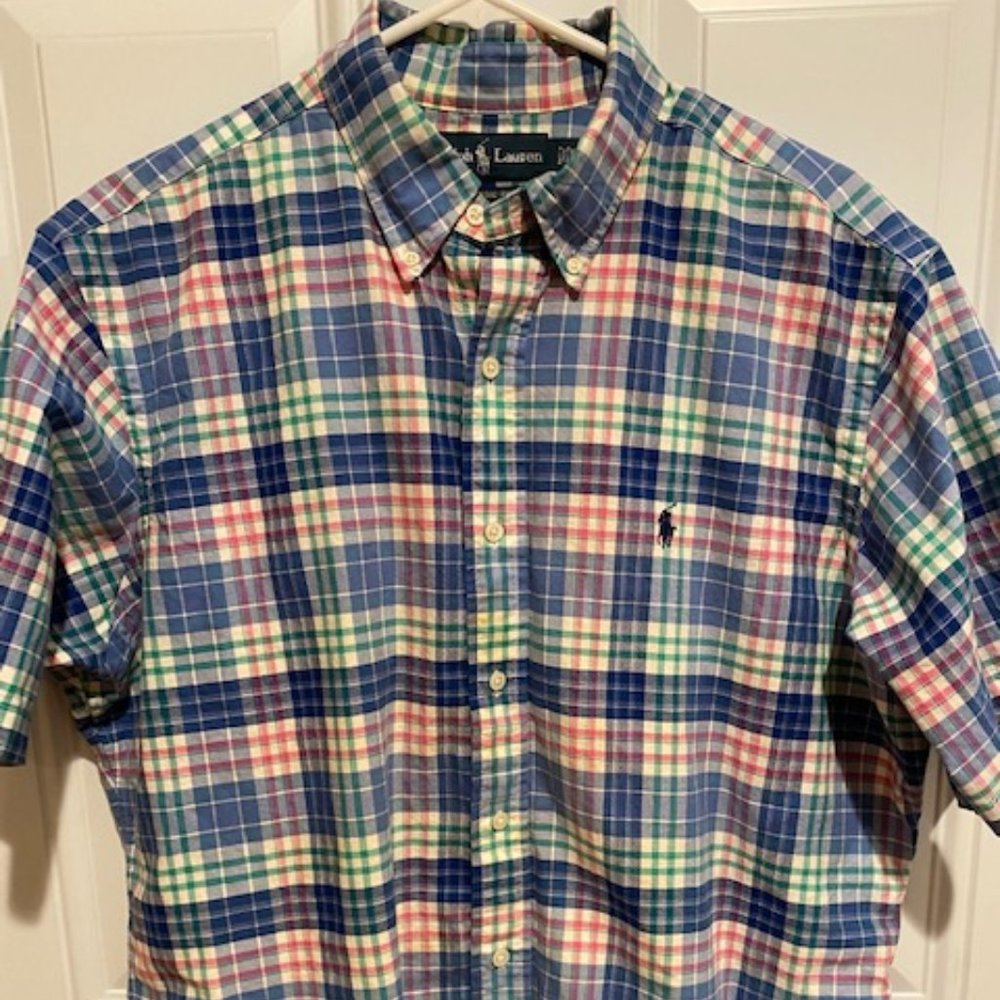 Ralph Lauren Green Blue Pink Plaid short sleeve button down shirt